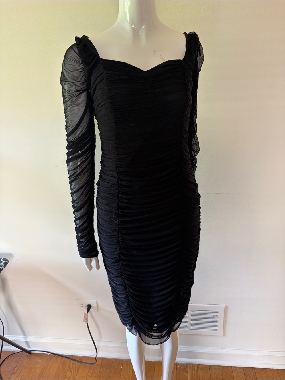 Fashion Nova Black Ruched Sheer-Sleeve Midi Dress
